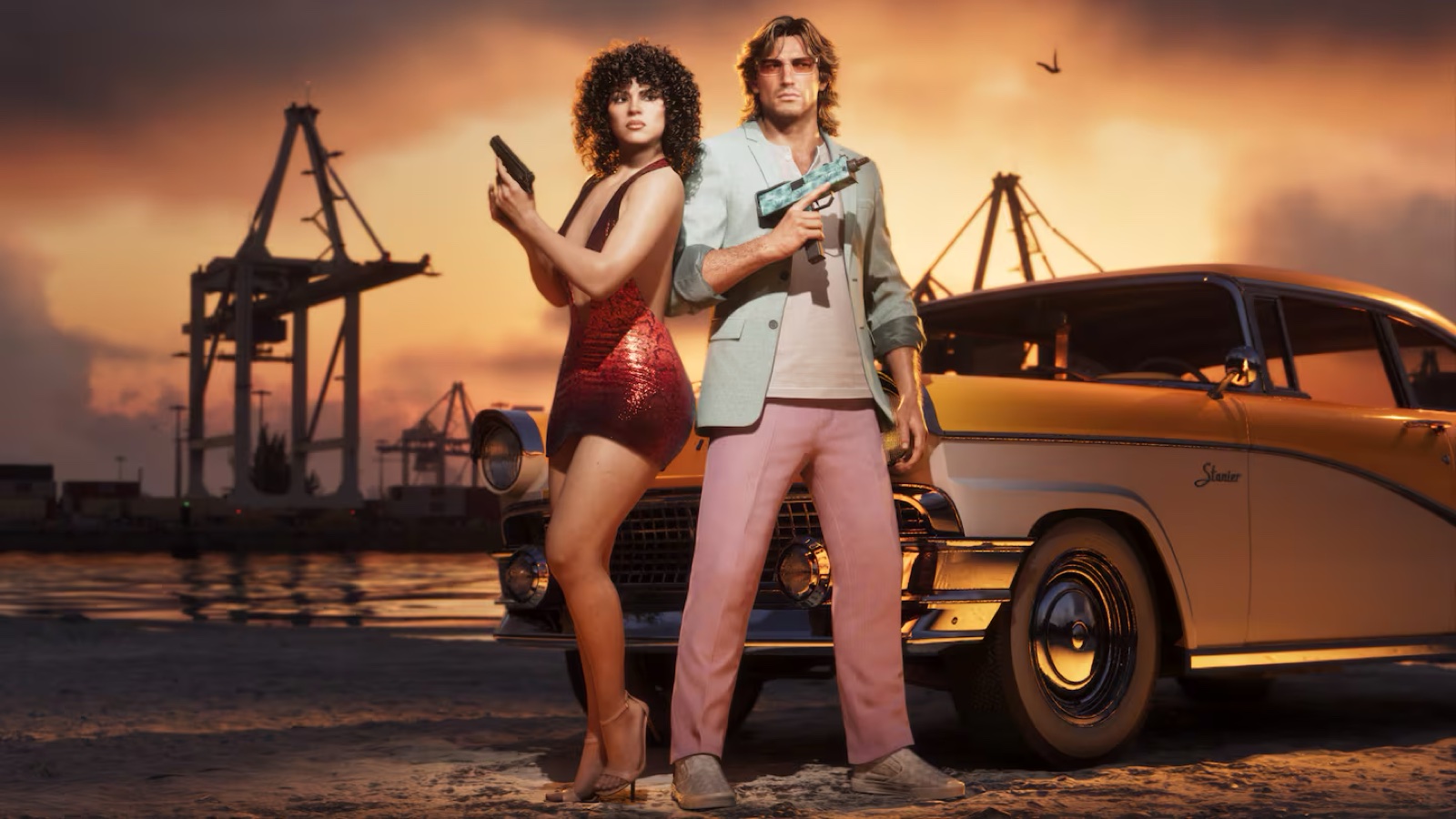 A woman in a sequined dress holds a handgun in a night scene